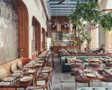 Intérieur d'un restaurant au style restauration architecture, avec banquettes velours, tables dressées et un arbre luxuriant au centre.
