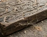 Un morceau de bois rongé par la vermoulure, montrant les galeries creusées par les insectes. Un traitement est nécessaire pour sauver ce bois.
