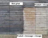 Comparaison avant/après : bois grisé d'un côté, bois traité avec produit + brossage + rinçage de l'autre. La lasure bois a redonné vie au bois.