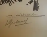 Signature de Mathurin Méheut, un artiste breton, tracée à l'encre grise sur un fond crème.