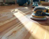 Une ponceuse orbitale laisse une fine poussière sur un parquet en bois, prête pour le nettoyage.
