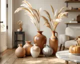 Un salon cosy avec des vases en terre cuite, dont un grand vase borghèse, ornés de graminées séchées. Une citrouille décore la table basse.