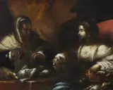 Une femme âgée examine une chaîne, tandis qu'une jeune femme couronnée est assise. Une scène qui pourrait faire partie d'une estimation tableau.