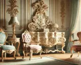 Un salon orné de mobilier rococo doré et sculpté, avec des fauteuils en velours rose et bleu, une coiffeuse imposante et des rideaux de soie.