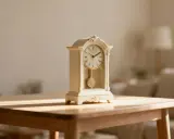 Une belle horloge ancienne, ornée de détails classiques, trône sur une table en bois. Son pendule doré oscille doucement, invitant à une estimation de son charme intemporel.