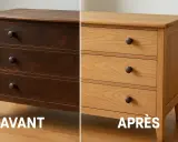 Avant/Après : un meuble ciré sombre transformé en bois clair. Découvrez comment décaper un meuble ciré pour lui redonner sa beauté naturelle.