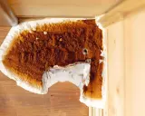 Gros plan sur une mérule brune et blanche sur du bois. Une tentative de nettoyage avec du vinaigre blanc semble avoir été faite.