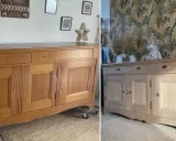 Avant/après d'un buffet en bois. Une **recette de grand-mère pour décaper un meuble** a révélé sa beauté naturelle.