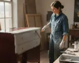 Une femme en salopette bleue est en train de laquer un meuble en bois, appliquant une peinture blanche sur le dessus d'une commode bordeaux.