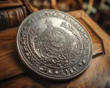 Une pièce en argent ornée, posée sur un bois ancien. Comment reconnaître une pièce en argent ? Examinez sa patine et ses détails fins.