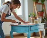 Une femme en salopette bleue redonne vie à une table ancienne, la transformant en un meuble unique.