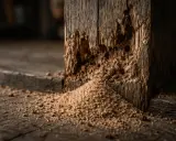 Un petit tas de sciure de bois s'accumule au pied d'un poteau en bois rongé, témoignant d'une présence passée.