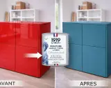 Avant/Après : une commode rouge transformée en bleu avec la peinture Mauler. La différence entre laque et peinture est ici évidente.
