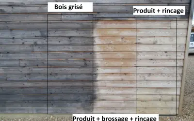 Comparaison avant/après : bois grisé d'un côté, bois traité avec produit + brossage + rinçage de l'autre. La lasure bois a redonné vie au bois.