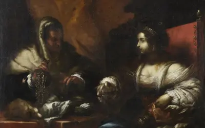 Une femme âgée examine une chaîne, tandis qu'une jeune femme couronnée est assise. Une scène qui pourrait faire partie d'une estimation tableau.