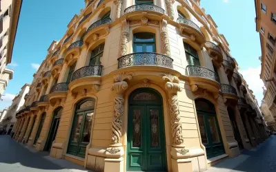 Un immeuble d'art nouveau architecture, aux balcons en fer forgé et façades ornées, se dresse sous un ciel bleu.