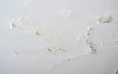 Détails d'un plafond abîmé, avec des morceaux de peinture écaillée révélant le plâtre sous-jacent, signe de salpêtre sur le mur.