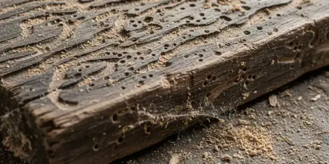 Un morceau de bois rongé par la vermoulure, montrant les galeries creusées par les insectes. Un traitement est nécessaire pour sauver ce bois.