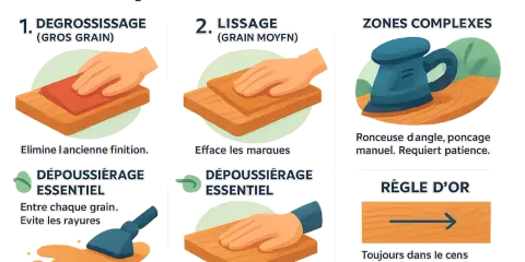 Guide pour poncer un plan de travail : dégraissage, lissage, zones complexes. Nettoyer entre chaque grain pour éviter les rayures. Toujours poncer dans le sens des veines du bois.