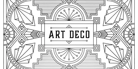 Un cadre rectangulaire orné de motifs géométriques symétriques, évoquant le style art déco. Le centre affiche le texte "ART DECO".
