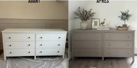 Avant/après : un commode blanc basique transformé par un décapage et relooking. Le nouveau look taupe avec poignées dorées est chic.