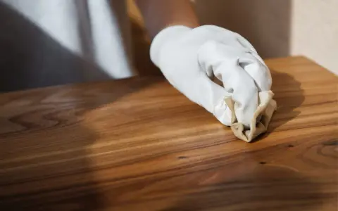 Main d'une personne portant un gant blanc, cirant un meuble en bois après décapage. La cire donne un éclat subtil au bois.
