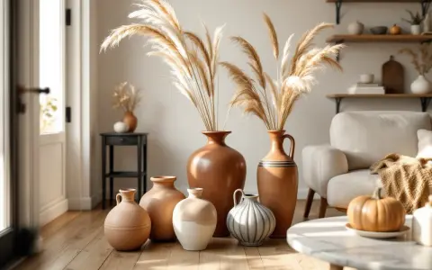 Un salon cosy avec des vases en terre cuite, dont un grand vase borghèse, ornés de graminées séchées. Une citrouille décore la table basse.