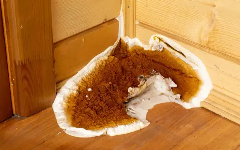 Champignon brun et blanc envahissant un coin en bois, signe d'un traitement bois humidité nécessaire.