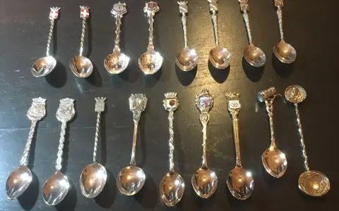 Collection de petites cuillères décoratives, chacune ornée d'un blason ou d'un symbole, révélant la valeur des petites cuillères de collection.