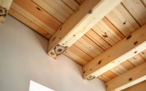 Structure en bois clair, avec des poutres et des planches. On aperçoit un champignon bois extérieur sur une poutre, signe d'une construction ancienne.