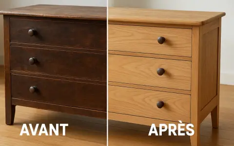 Commode en bois sombre avant restauration, puis après, révélant un style de meuble plus clair et naturel.