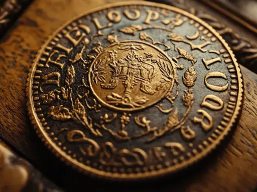 Gros plan sur une pièce d'or ancienne, gravée de motifs floraux et d'une scène centrale. La question "combien vaut un louis d'or" résonne face à ce trésor.
