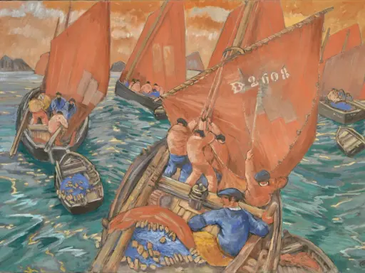 Pêcheurs hissant les voiles rouges sur leurs bateaux, une scène maritime vibrante dans le style de Mathurin Méheut.