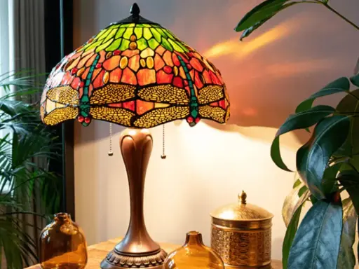 Lampe tiffany origine, avec abat-jour en vitrail coloré orné de libellules, posée sur une table en bois près de plantes vertes.