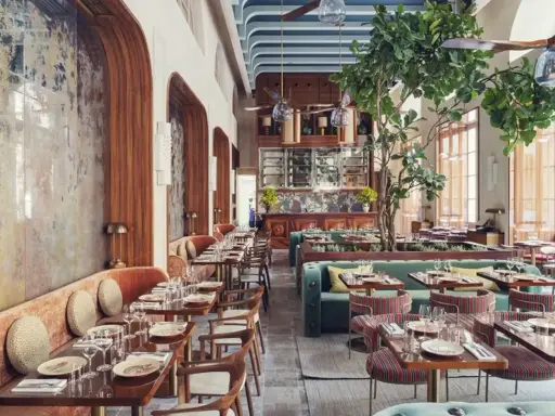 Intérieur d'un restaurant au style restauration architecture, avec banquettes velours, tables dressées et un arbre luxuriant au centre.