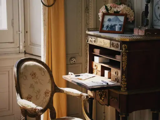 Bureau secrétaire ancien, fauteuil fleuri. Un tableau et des fleurs ornent le dessus. Idéal pour un coût inventaire mobilier succession.