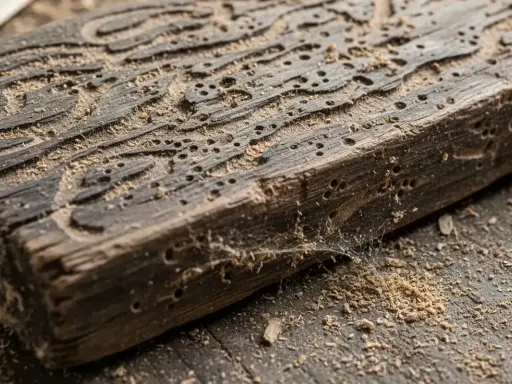 Un morceau de bois rongé par la vermoulure, montrant les galeries creusées par les insectes. Un traitement est nécessaire pour sauver ce bois.