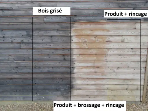 Comparaison avant/après : bois grisé d'un côté, bois traité avec produit + brossage + rinçage de l'autre. La lasure bois a redonné vie au bois.