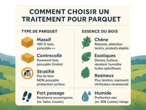 Guide pour choisir quel produit pour traiter le bois de parquet : types de parquets (massif, contrecollé, stratifié, fort passage) et essences de bois (chêne, exotiques, résineux, humide).