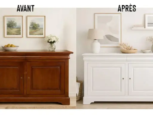 Avant/Après : une vieille commode en bois foncée transformée en blanc lumineux. Un relooking réussi pour une touche de fraîcheur.