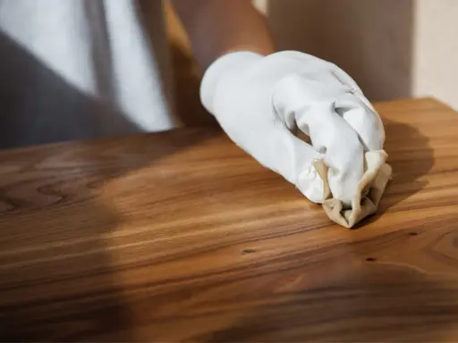 Main d'une personne portant un gant blanc, cirant un meuble en bois après décapage. La cire donne un éclat subtil au bois.