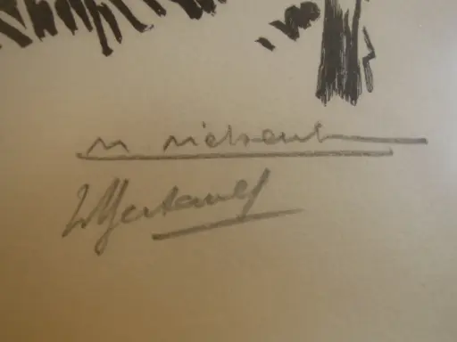 Signature de Mathurin Méheut, un artiste breton, tracée à l'encre grise sur un fond crème.