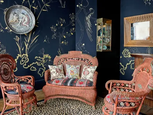 Salon au style napoléon 3, avec des fauteuils et un canapé en rotin corail, sur un tapis léopard, devant un papier peint bleu nuit orné de motifs dorés.