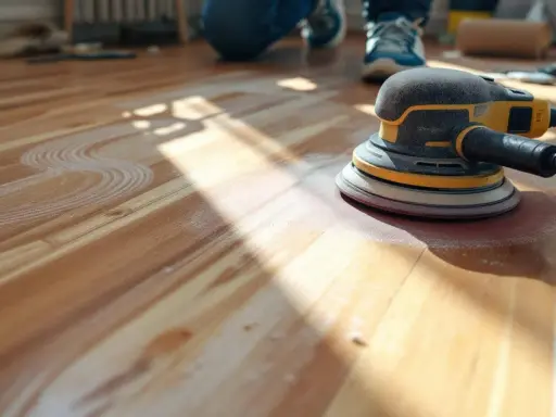 Une ponceuse orbitale laisse une fine poussière sur un parquet en bois, prête pour le nettoyage.