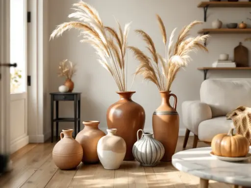 Un salon cosy avec des vases en terre cuite, dont un grand vase borghèse, ornés de graminées séchées. Une citrouille décore la table basse.