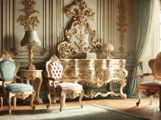 Un salon orné de mobilier rococo doré et sculpté, avec des fauteuils en velours rose et bleu, une coiffeuse imposante et des rideaux de soie.