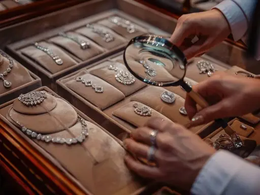 Main d'un expert examinant des colliers et pendentifs en diamants avec une loupe, témoignant d'une expertise bijoux.
