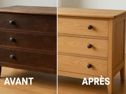 Avant/Après : un meuble ciré sombre transformé en bois clair. Découvrez comment décaper un meuble ciré pour lui redonner sa beauté naturelle.