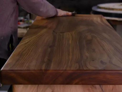 Main d'artisan polissant un plateau en bois de noyer, révélant la beauté du grain pour un traitement naturel bois parfait.