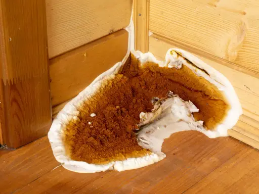 Champignon brun et blanc envahissant un coin en bois, signe d'un traitement bois humidité nécessaire.